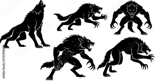Silhouette set of werewolf poses showcasing fierce stances and dynamic movement