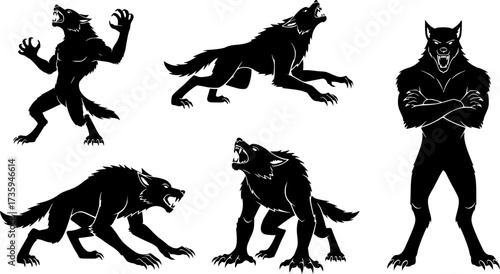 Silhouette set of werewolf poses showcasing fierce stances and dynamic movement