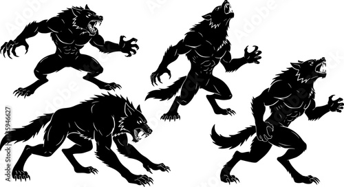 Silhouette set of werewolf poses showcasing fierce stances and dynamic movement