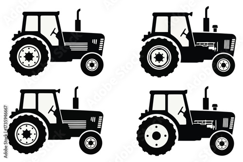 Vector art of collection of four black tractor silhouettes, showcasing agricultural machinery and farming equipment in a simple and graphic design