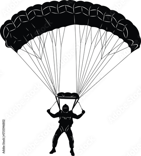 Silhouette of a skydiver with a parachute skydiver is in midair, with parachute fully deployed above him, creating a dynamic and adventurous scene