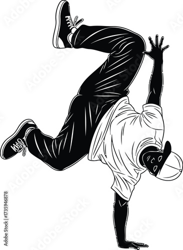A dynamic sketch captures a breakdancer in midst of a handstand, showcasing energy and athleticism of hiphop culture