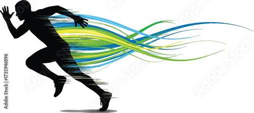 A stylized illustration depicts a runner in motion, with vibrant streaks of color trailing behind, symbolizing speed, energy, and pursuit of excellence