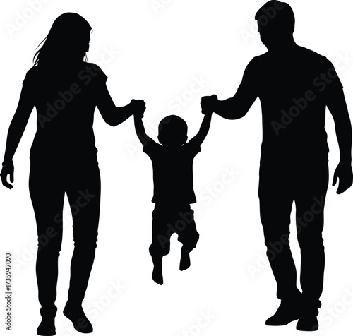 Silhouette of parents lifting a child between them on a white background family