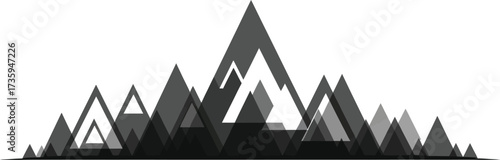 A minimalist mountain range illustration, featuring overlapping triangles in shades of gray, ideal for conveying concepts of nature, adventure, and simplicity