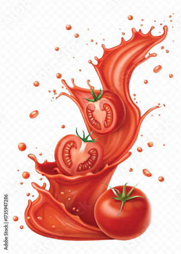 realistic 3d red tomato juice or ketchup sauce splashes in different style isolated on transparent background
