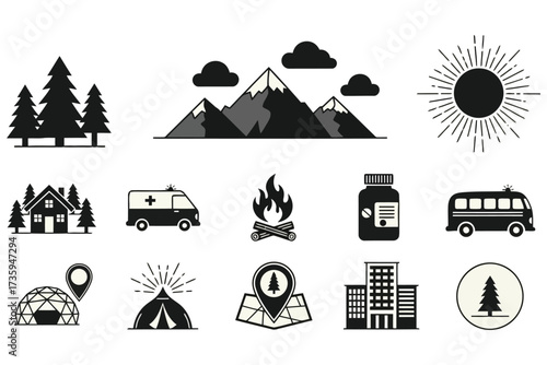 Vector art of camping and outdoor activity vector icon set contains such icons as tree, mountain, sun, house, ambulance, fire, medicine, bus and more