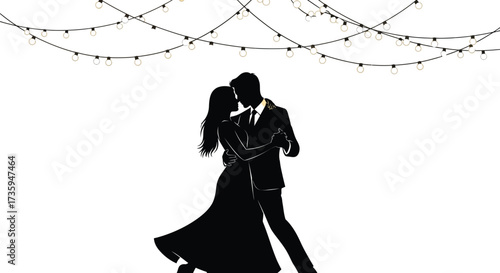 Silhouette of a couple dancing under string lights, man and woman are embracing in a romantic pose, illuminated by warm glow of lights above