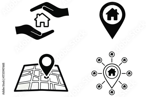 Vector art of collection of real estate icons, , representing property protection, location pinpointing, and networked housing options in a minimalist design