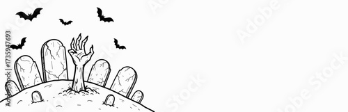 Zombie hand from grave in cemetery with tombstones, long banner for websites, vintage engraving sketch, black and white vector illustration