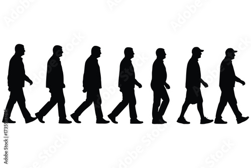 Vector art of silhouette of a group of people walking, showcasing diverse individuals in motion, ideal for illustrating pedestrian activity, urban life, and community