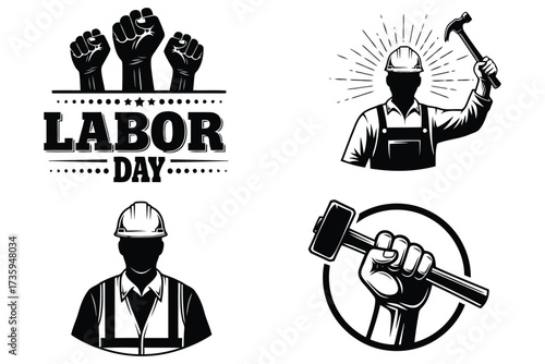 Vector art of labor day emblems collection of vintage construction and labor day design elements set of worker silhouette with hammer, fist, helmet, and wrench for labor day celebration