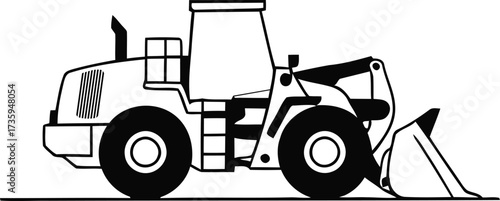 Black and white front loader with a bucket