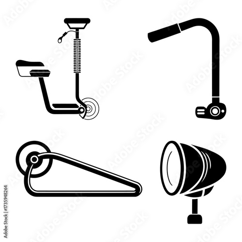 Traditional Rickshaw Spare Parts Bold Line Art Vector Set, Minimal Black Icons.