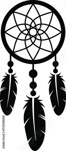Stylized Black Silhouette of a Dreamcatcher with Three Feathers symbol spiritual