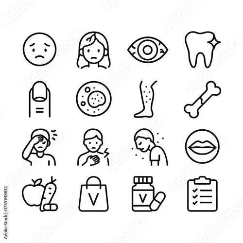 Medical vitamin deficiency icon set. Outline symbols. Line design