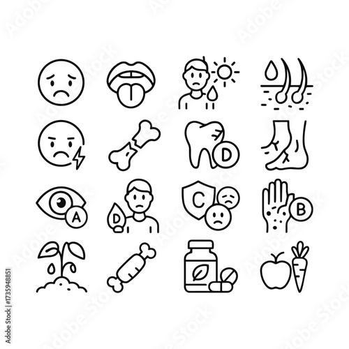 Health supplement deficiency icons. Outline symbols. Line design