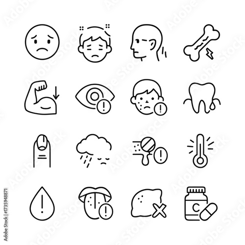 Healthcare vitamin deficiency symbols. Outline symbols. Line design