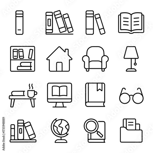 Home library and reading icons. Outline symbols. Line design