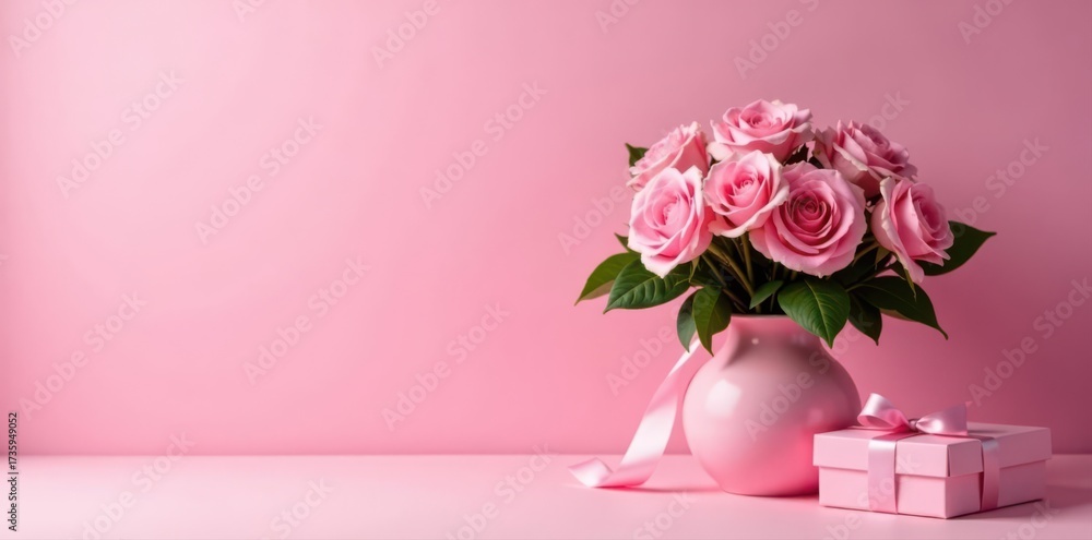 Fototapeta premium Pink rose bouquet, elegant vase, ribbons, gift box, pastel background, studio, ribbon, table