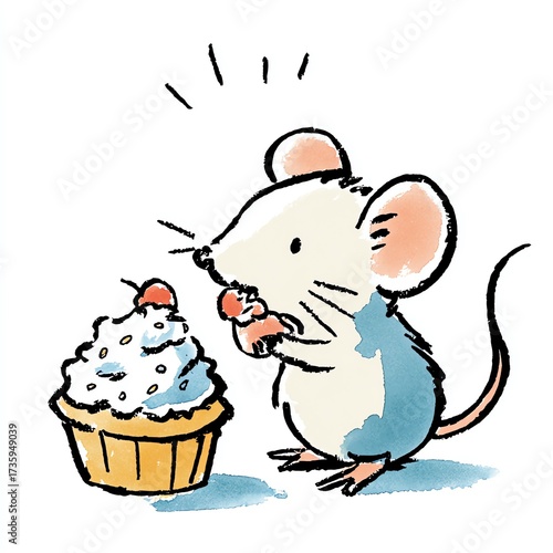 Watercolor illustration of a delightful mouse enjoying a cherry topped cupcake treat.