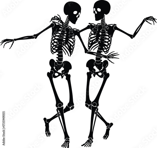 Two Silhouetted Skeletons Dancing Together With Arms Outstretched on White Background