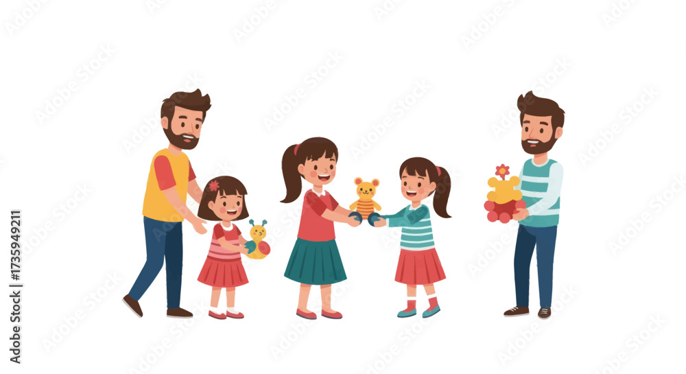 Obraz premium Two fathers gifting stuffed animals to their daughters in a heartwarming scene.