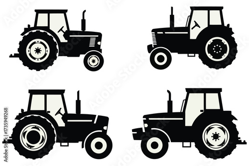 Vector art of set of four tractor silhouette illustrations, perfect for agricultural, farming, and rural themes, showcasing different angles and styles