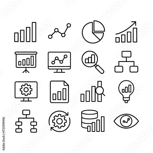 Data analytics vector icons set. Outline symbols. Line design
