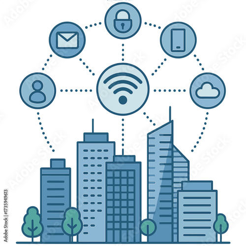Concept of a modern city with wireless communication networks, a smart city, digital transformation, and vertical visuals for ads and banners