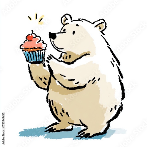 Watercolor illustration of a happy bear holding a cupcake with a cherry on top.