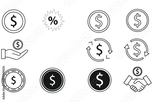 Vector art of set of money and finance icons includes coin, dollar, percentage, hand, transaction, handshake, payment, investment, and currency symbols