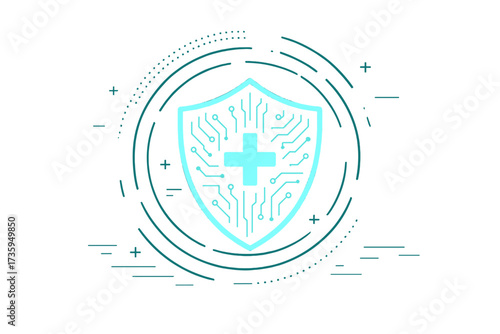 A digital shield safeguards data, health, and cybersecurity technology with a futuristic abstract visual graphic environment