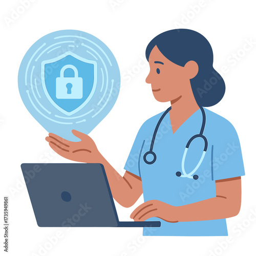 Doctor uses a laptop in futuristic healthcare, employing a cybersecurity app or life‑insurance safety integrated into the hospital database, while Nurse—a woman—interacts with a medical‑technology