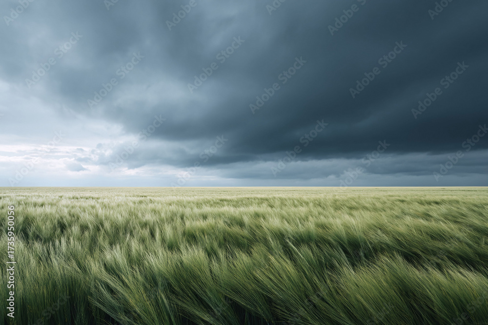 Obraz premium Dramatic landscape featuring a field of green grain blowing in the wind beneath a dark, ominous storm cloud. Evokes power, change, and the beauty of nature.