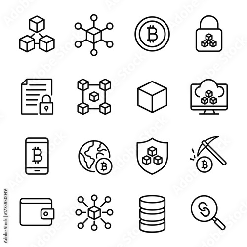 Blockchain technology icons vector collection. Outline symbols. Line design