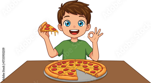 Cartoon child eating pizza illustration, happy kid enjoying pepperoni slice, cute boy with big eyes, fun food artwork, cheerful dining scene, playful restaurant concept