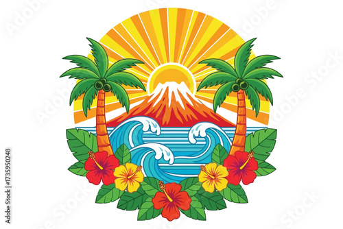 Vector art of tropical island paradise, featuring palm trees, hibiscus flowers, waves, and a volcano with a radiant sun, perfect for vacation themes