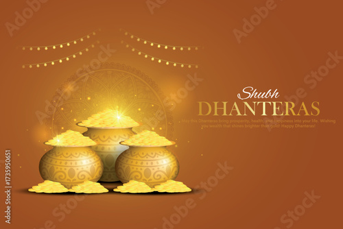 Happy Dhanteras poster template design with gold coin in pot and decorative diya lamp. Indian festival Dhanteras creative vector design.