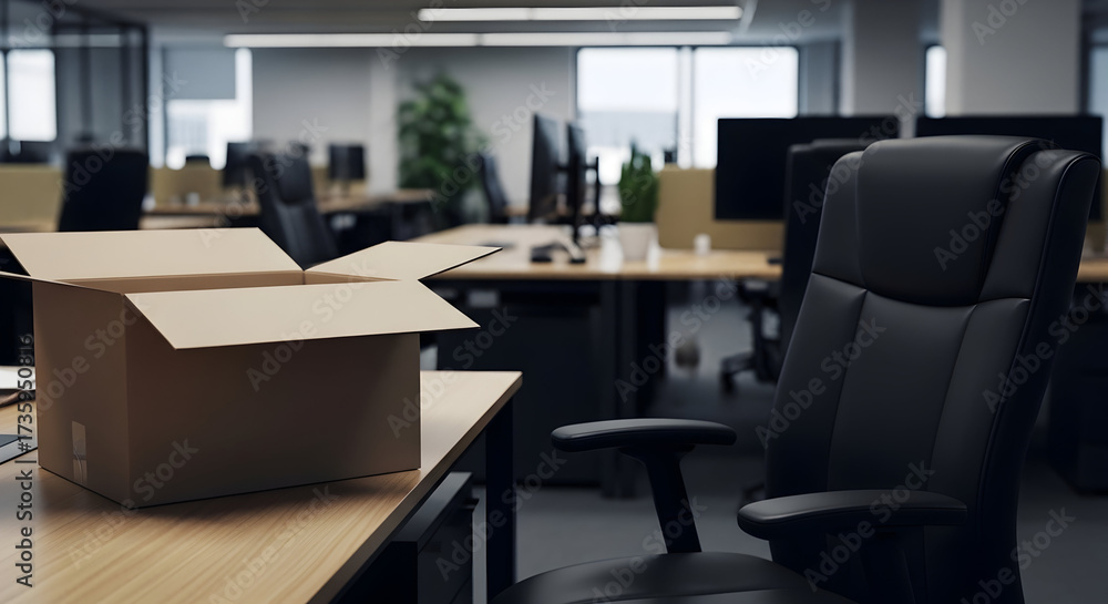 Fototapeta premium Office Departure: An Open Box on a Desk Symbolizing Resignation and Career Transition in a Modern Workplace