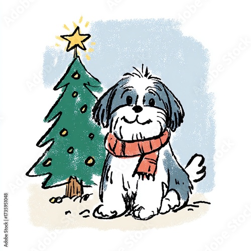 Watercolor holiday illustration A cheerful dog celebrates Christmas by the tree.