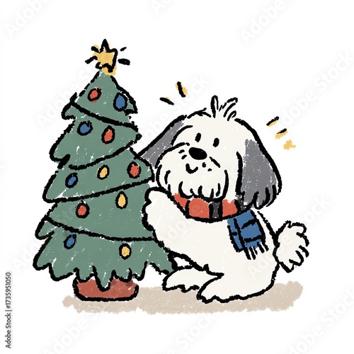 A charming watercolor sketch of a fluffy dog beside a festive Christmas tree scene.