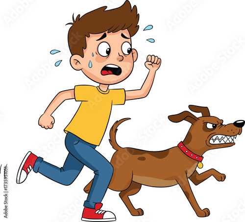 Cartoon illustration boy running scared from angry dog chase, frightened child escaping aggressive pet attack, funny comic drawing action scene, humorous danger situation artwork