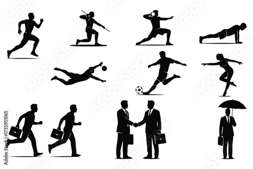 Vector art of silhouette of people in various activities includes running, javelin, stretching, pushups, diving, soccer, walking, handshake, and holding umbrella