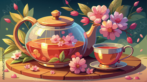 very beautiful A close up Glass teapot blooming flower tea with teacup bed ffd ce c fbeca pink flowers transparent delicate cozy warm floral aromatic beverage hot drink