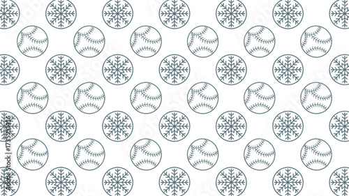 Pattern of baseballs and snowflakes on a white background in a repeating geometric arrangement