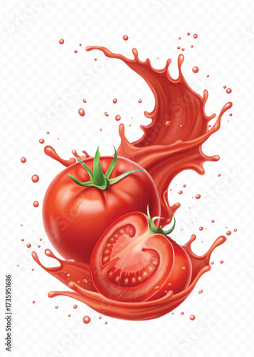 realistic 3d red tomato juice or ketchup sauce splashes in different style isolated on transparent background