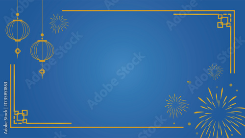 Stylish blue festive background featuring golden lanterns fireworks and decorative frame perfect for celebration posters invitations banners and cultural holiday designs