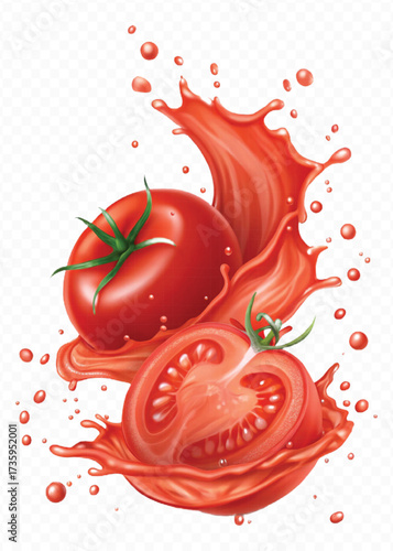 realistic 3d red tomato juice or ketchup sauce splashes in different style isolated on transparent background