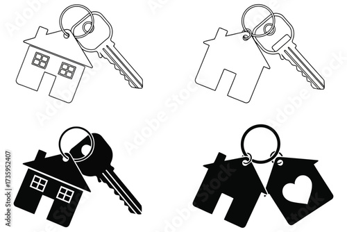 Illustration of house keychains with house and heart shapes, representing home ownership, real estate, and love for home